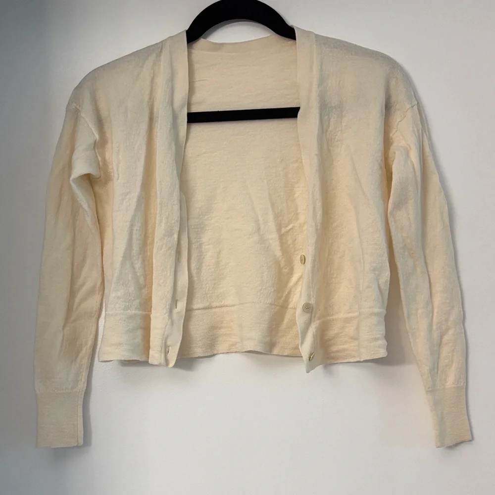 Theory Merino Wool Cream Cropped Open-Front Cardigan